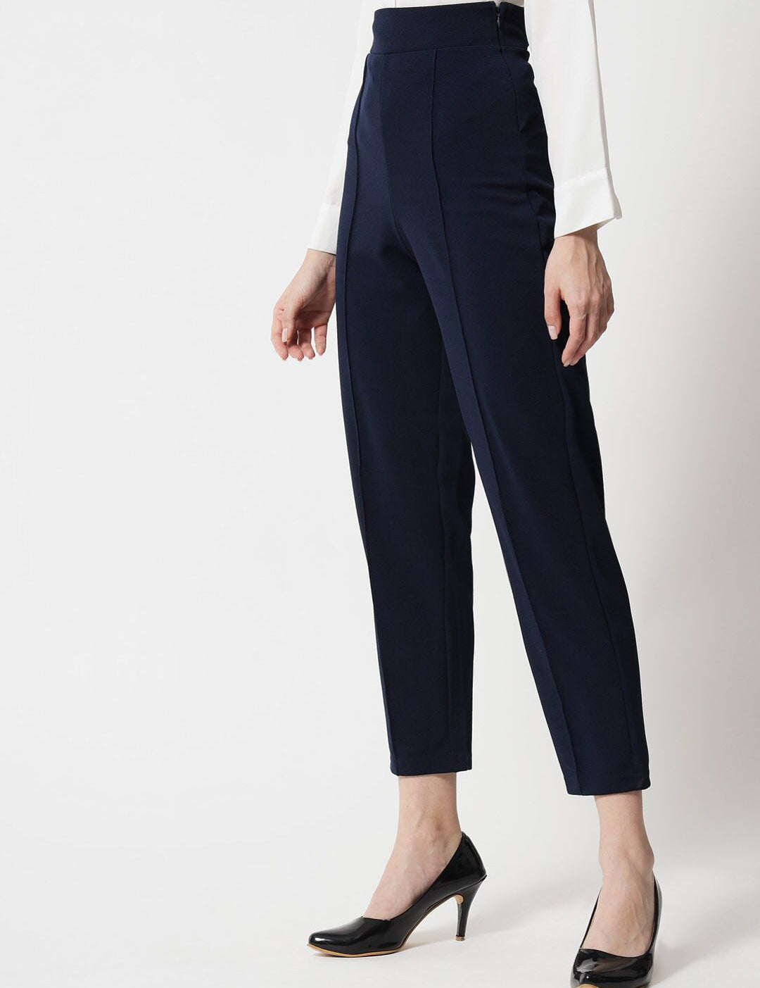 Kotty Women Navy Blue Relaxed Straight Fit High-Rise Easy Wash Trouser