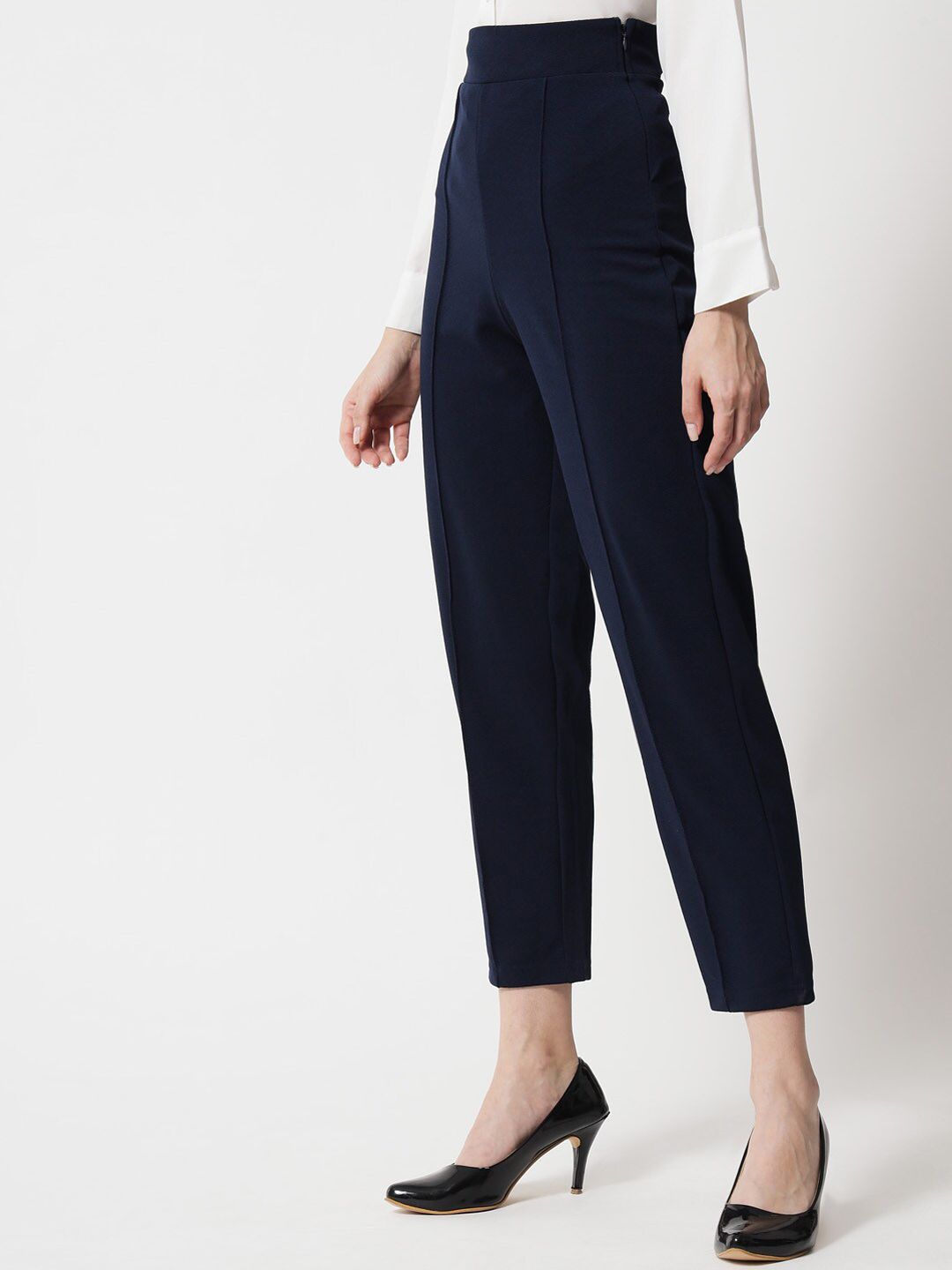 Kotty Women Navy Blue Relaxed Straight Fit High-Rise Easy Wash Trouser