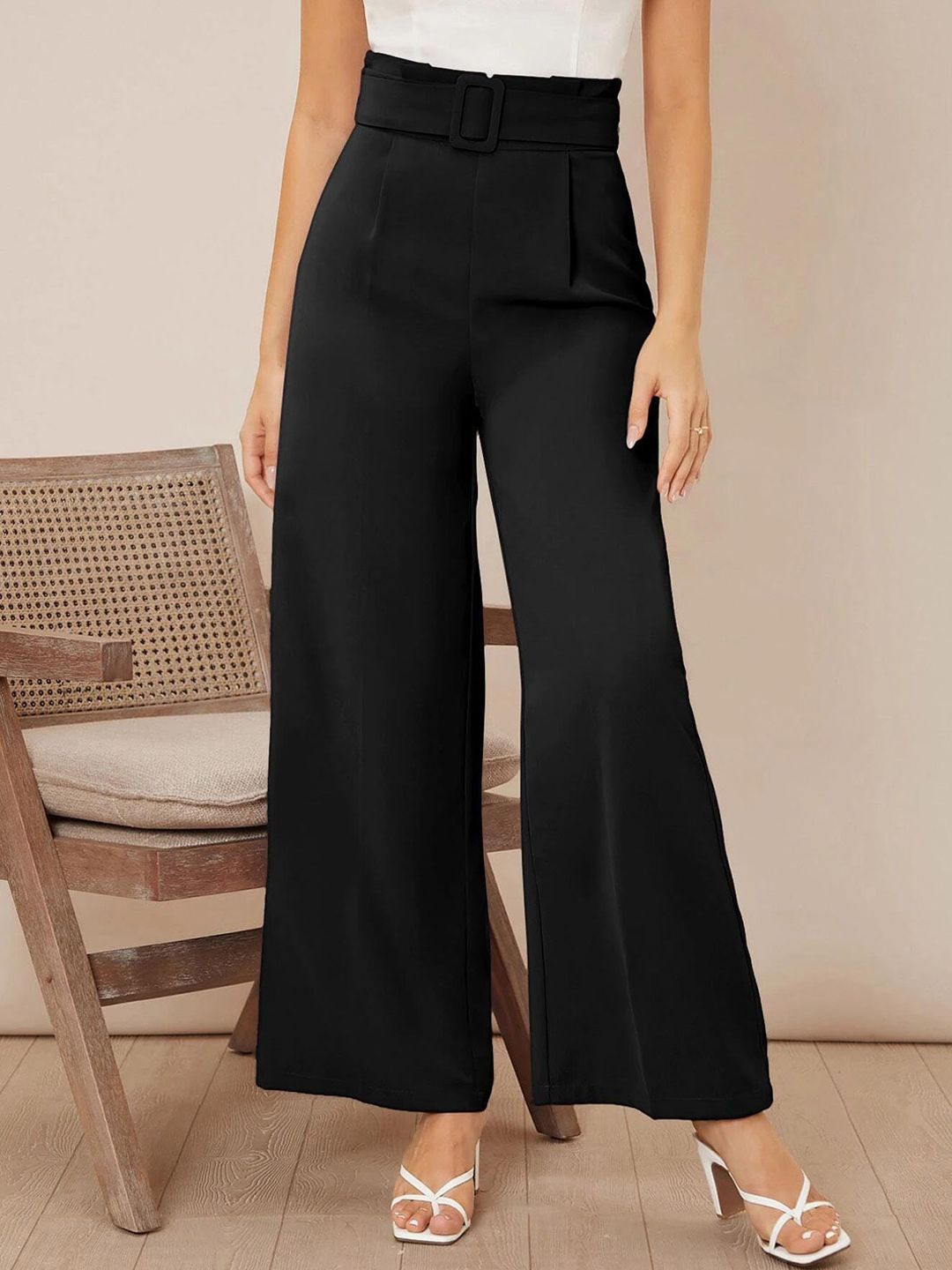 KOTTY BIZwear Women Relaxed High-Rise Easy Wash Pleated Parallel Trousers