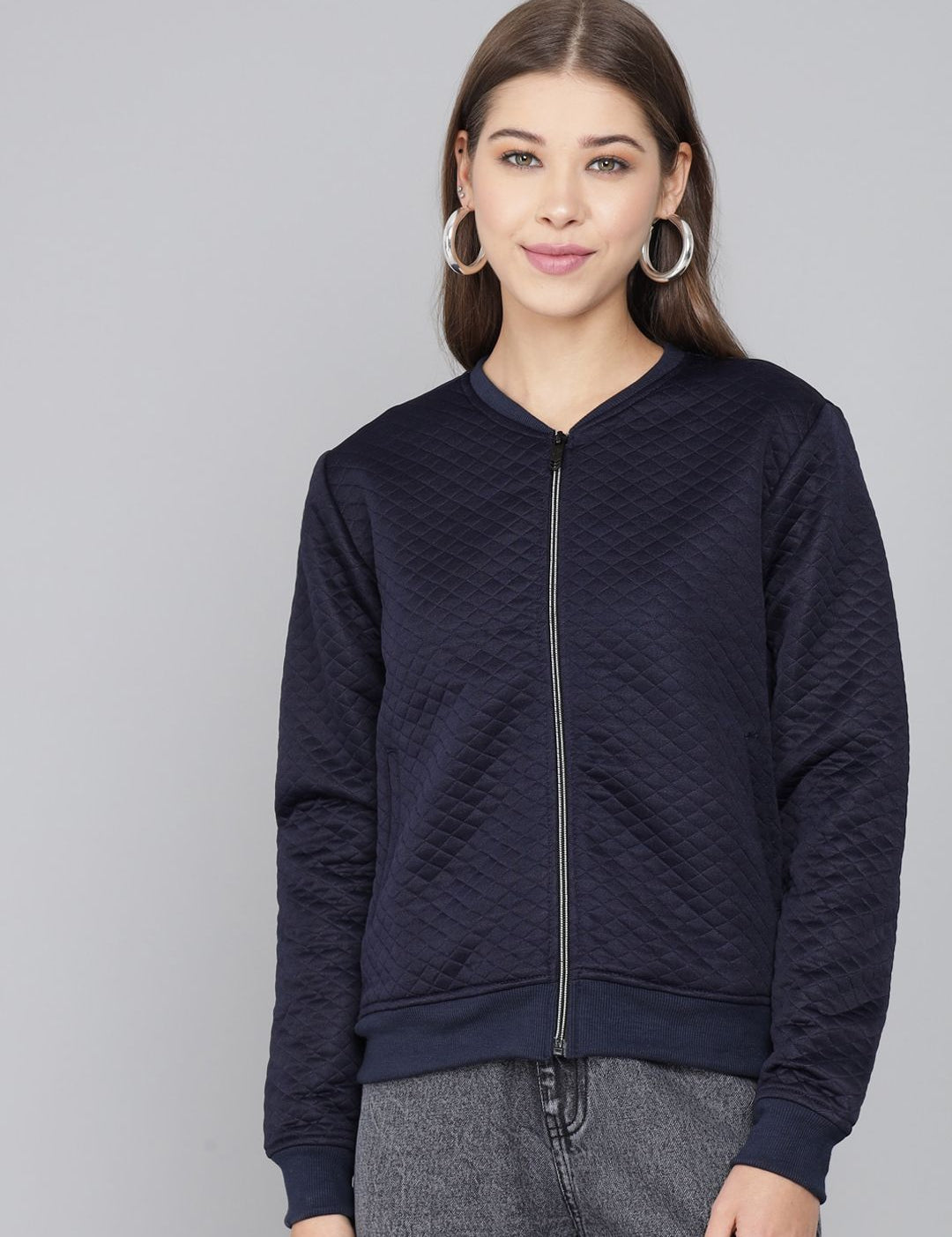 Kotty Women Navy Blue Geometric Lightweight Quilted Jacket