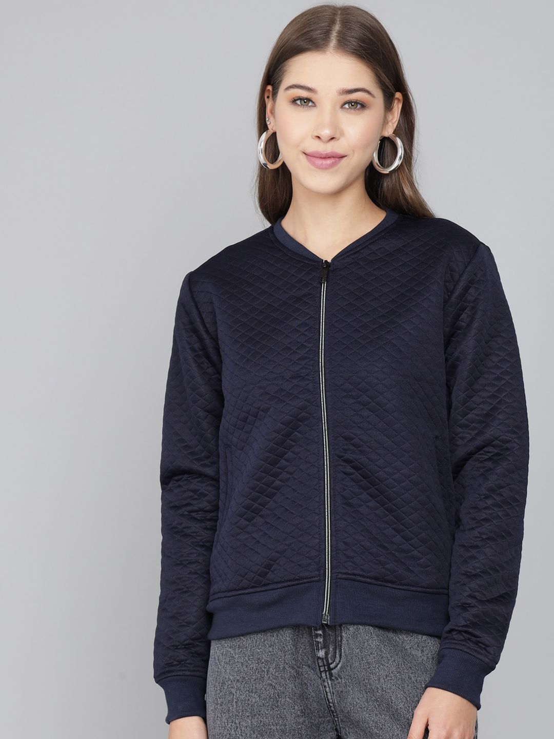 Kotty Women Navy Blue Geometric Lightweight Quilted Jacket
