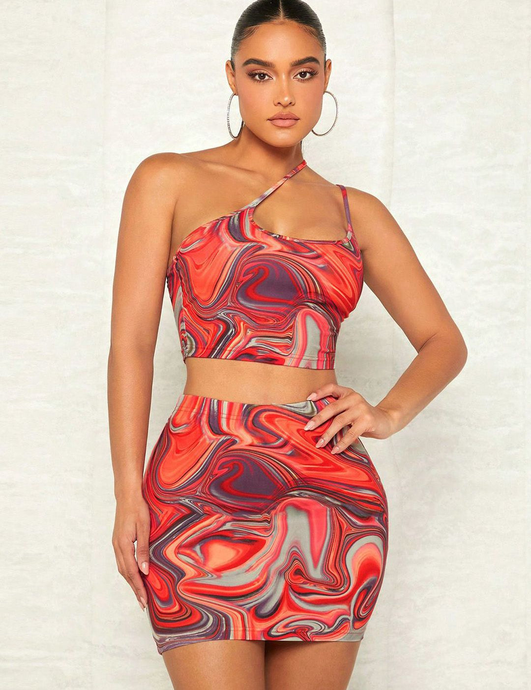 Kotty Brown Abstract Printed One Shoulder Top With Skirts