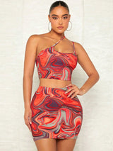 Kotty Brown Abstract Printed One Shoulder Top With Skirts