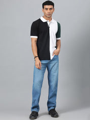 Kotty Black & White Colourblocked Polo Collar Cotton T-shirt