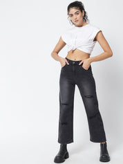Kotty Women Black Jean Straight Fit Slash Knee Light Fade Stretchable Jeans