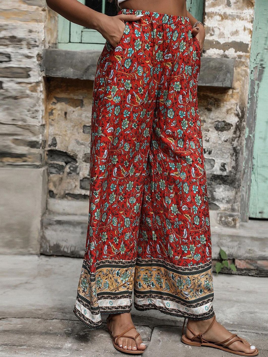 Kotty Women Multicoloured Ethnic Motifs Printed Flared High-Rise Easy Wash Trousers