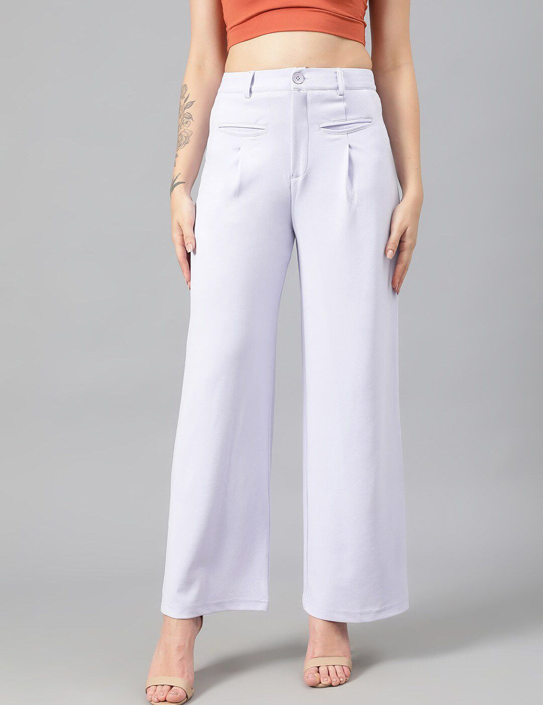 Kotty Women White Relaxed Straight Leg Fit High-Rise Easy Wash Pleated Parallel Trousers