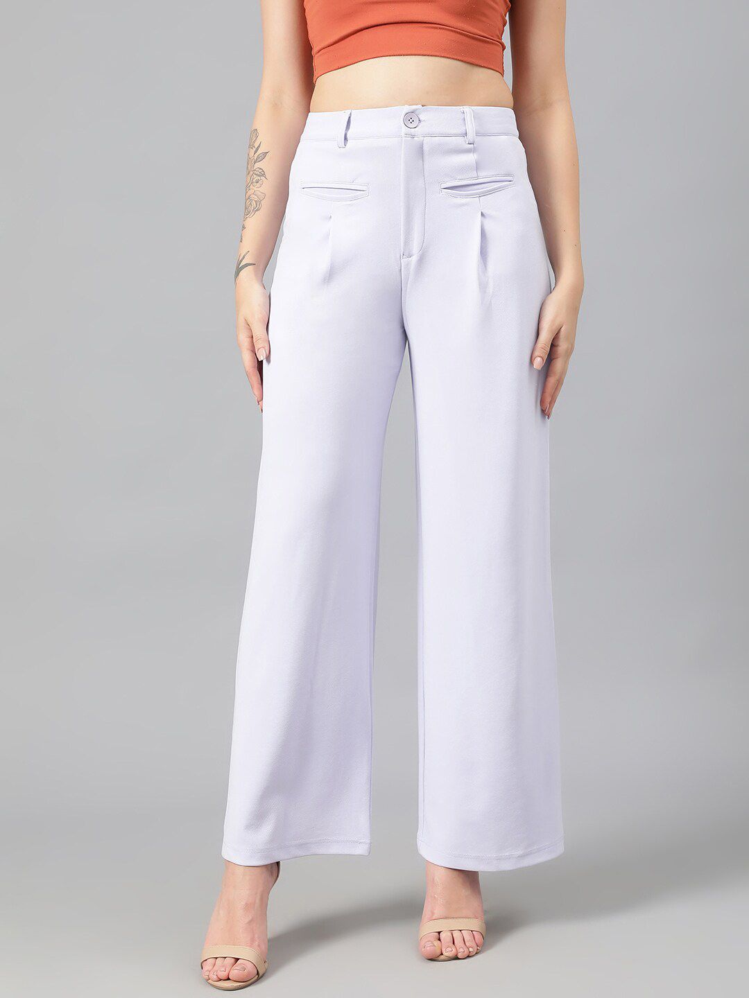 Kotty Women White Relaxed Straight Leg Fit High-Rise Easy Wash Pleated Parallel Trousers