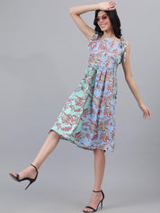 Kotty Purple And Sea Green Paisley Printed Fit & Flare Midi Dress