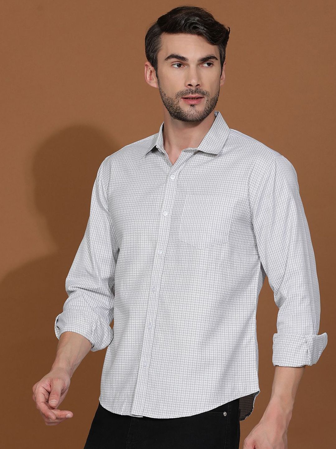 Kotty White & Grey New Checked Spread Collar Casual Shirt