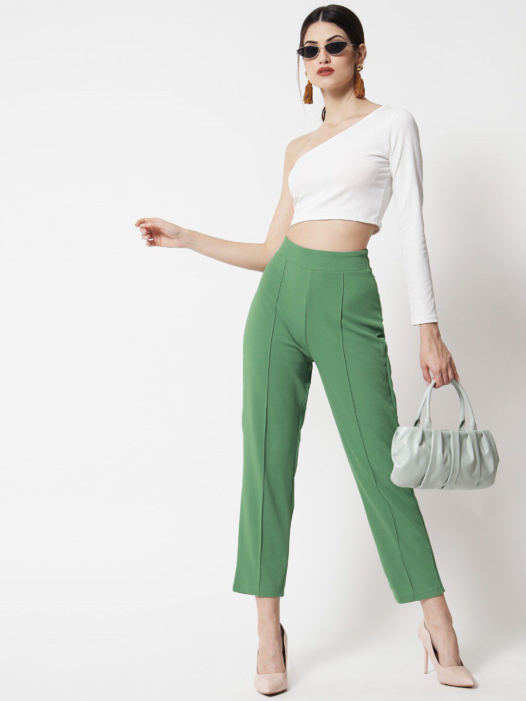 Kotty Women Green Comfort Straight Fit High-Rise Easy Wash Pleated Trousers