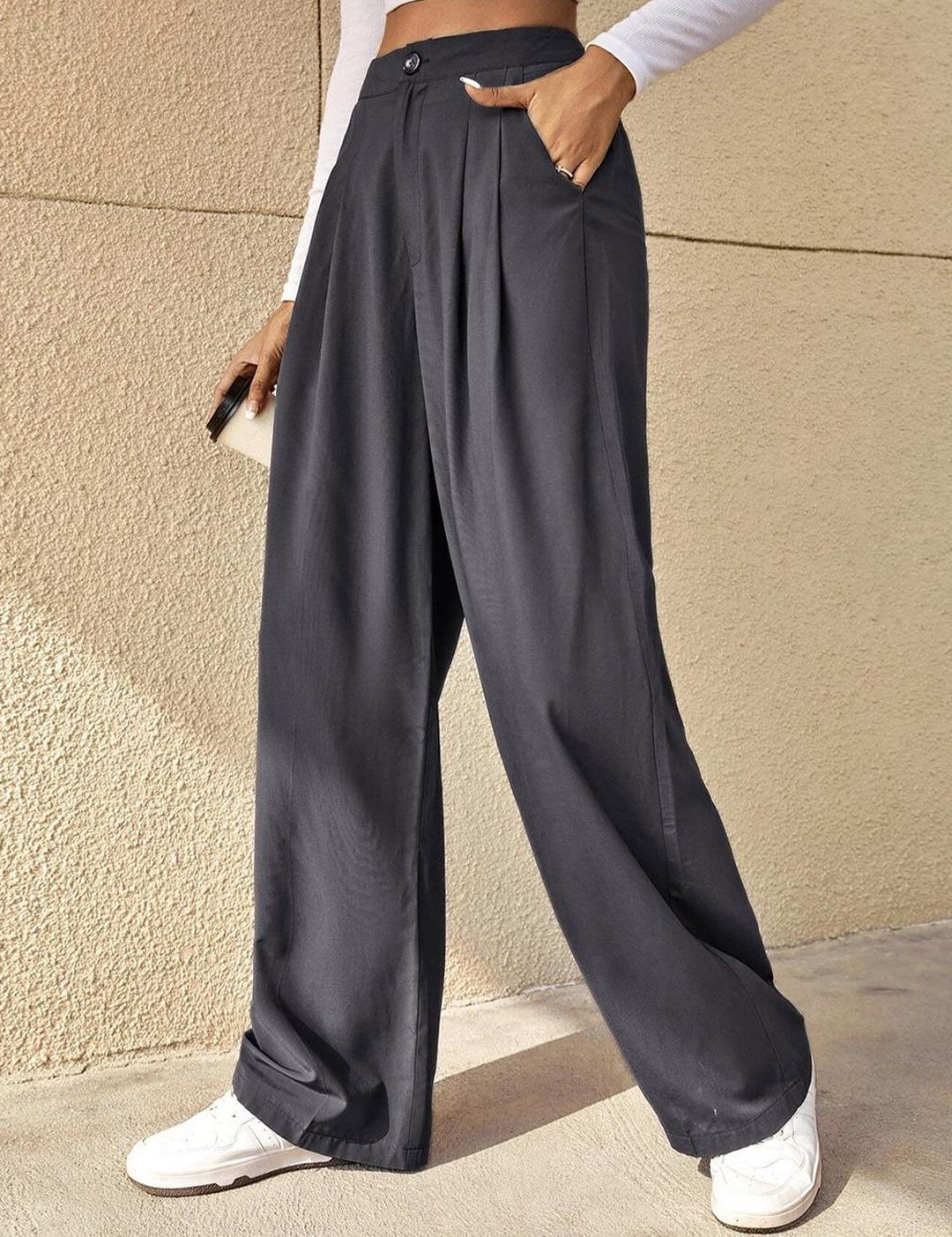Kotty Grey Women Relaxed Straight Leg High-Rise Easy Wash Pleated Parallel Trousers