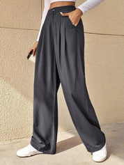 Kotty Grey Women Relaxed Straight Leg High-Rise Easy Wash Pleated Parallel Trousers