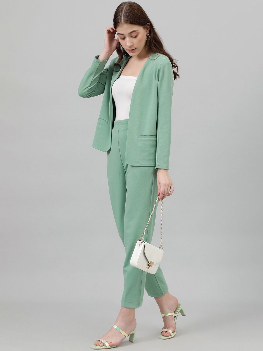 Kotty Green Collarless Long Sleeves Blazer With Trousers