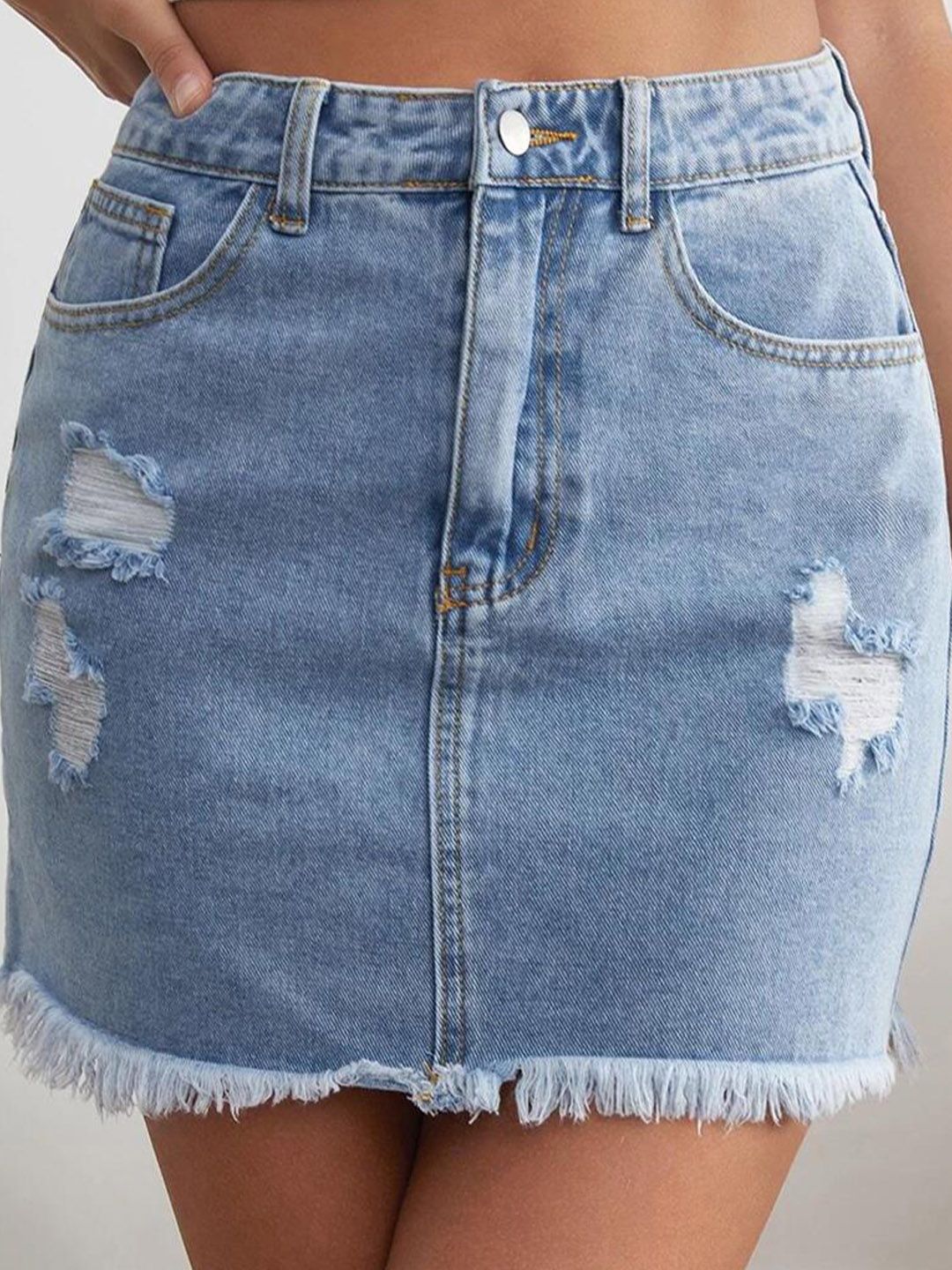 Kotty Denim Fringed Straight Skirt