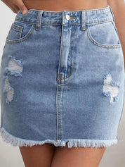Kotty Denim Fringed Straight Skirt