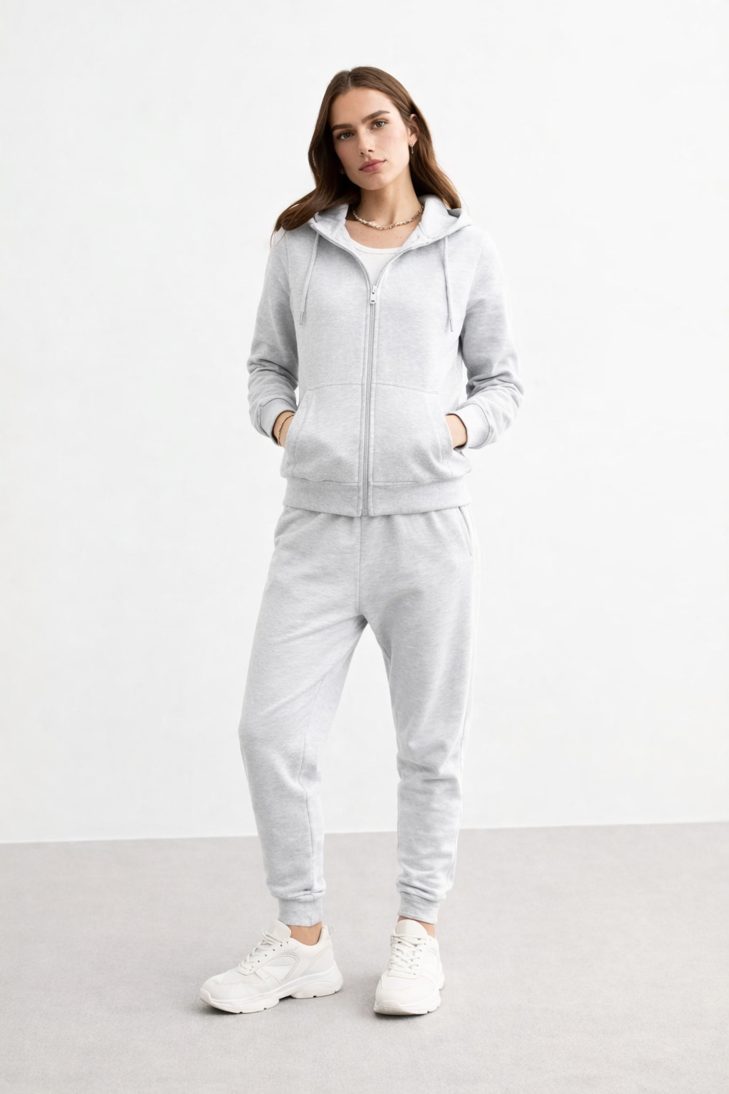 KOTTY Women's Light Gray Zip Up Hoodie Jogger Set