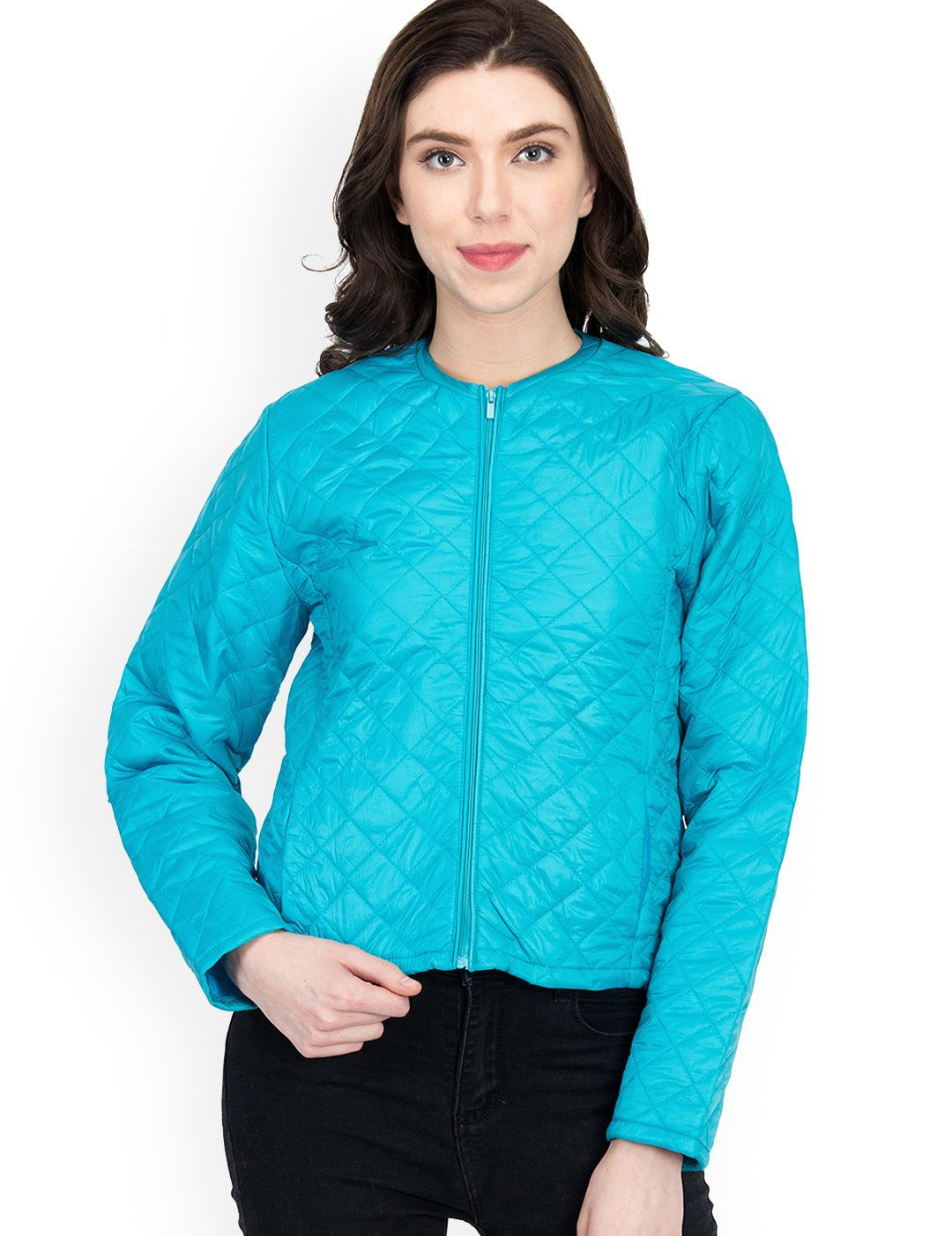 Kotty Women Blue Self Design Quilted Jacket