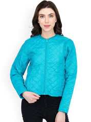 Kotty Women Blue Self Design Quilted Jacket