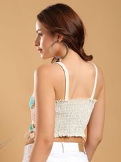 Kotty Women Floral Embroidered Smocking Shoulder straps Crop Top