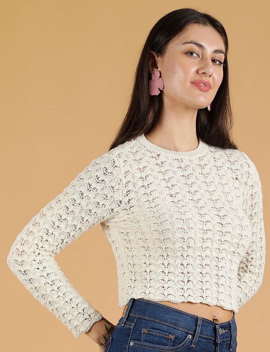 Kotty Women Open Knit Pullover Crop Sweaters