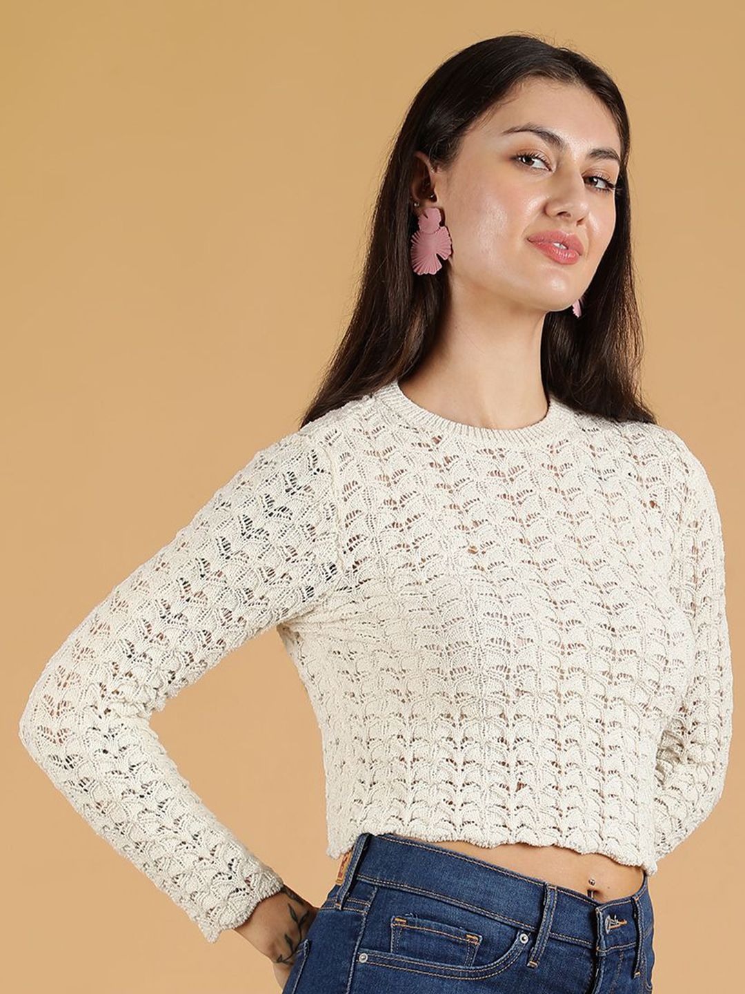 Kotty Women Open Knit Pullover Crop Sweaters