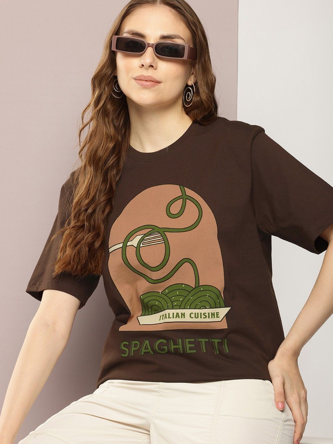 Kotty Graphic Printed Round Neck Drop-Shoulder Sleeves Oversized T-shirt