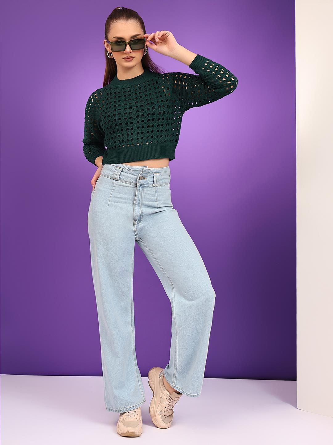 Kotty Women Cotton Self Design Open Knit Crop Pullover Sweaters