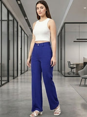Blue Regular Fit Mid-Rise Trousers for Women | Kotty