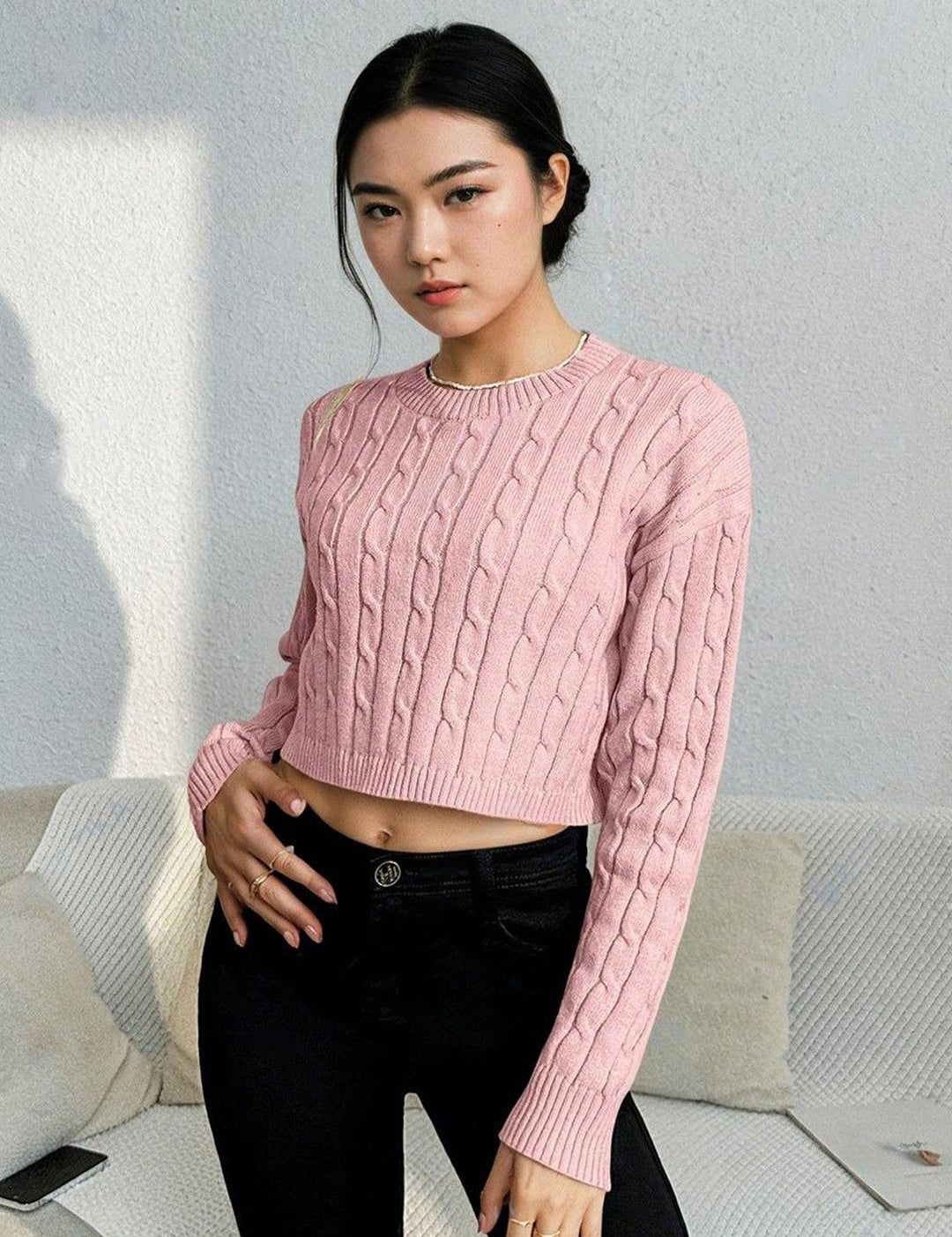 Kotty Women Cable Knit Round Neck Long Sleeves Crop Pullover Sweaters