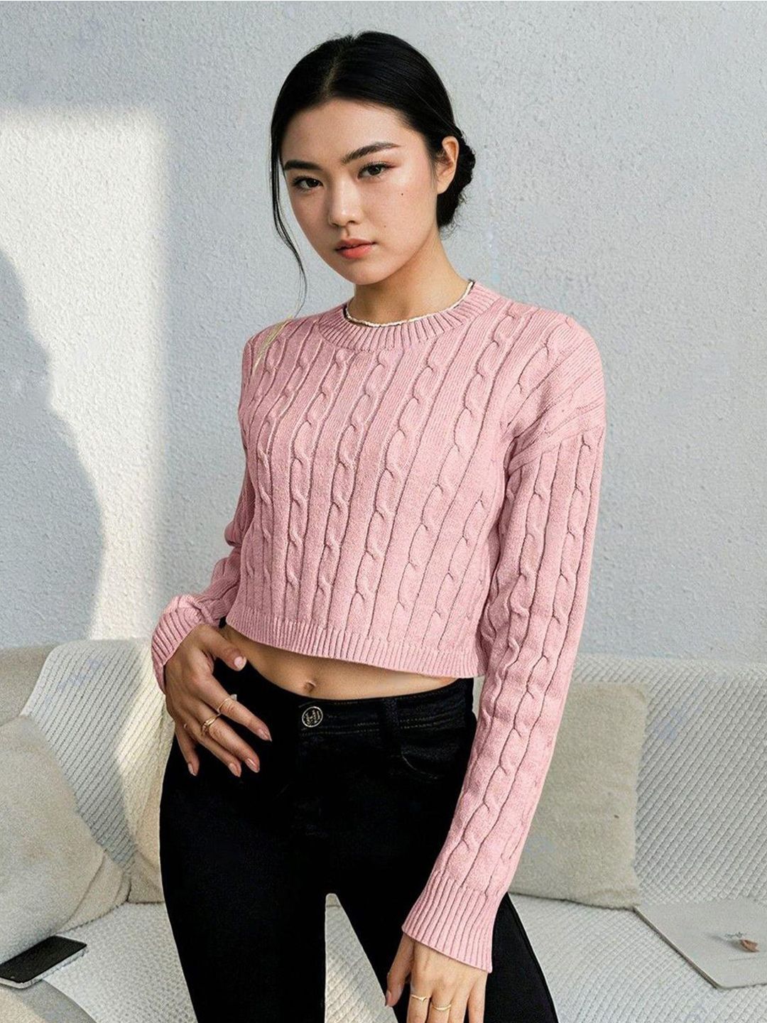 Kotty Women Cable Knit Round Neck Long Sleeves Crop Pullover Sweaters