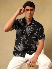 Kotty Men Comfort Fit Floral Printed Spread Collar Linen Casual Shirt