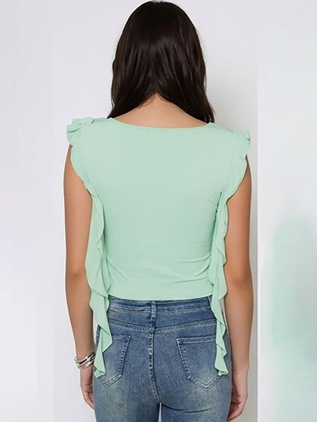 Kotty Top Forest Green Women's Crop Flutter-Sleeves Sleeveless