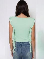 Kotty Top Forest Green Women's Crop Flutter-Sleeves Sleeveless