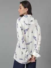 Kotty Women Spread Collar Conversational Printed Cotton Oversized Casual Shirt