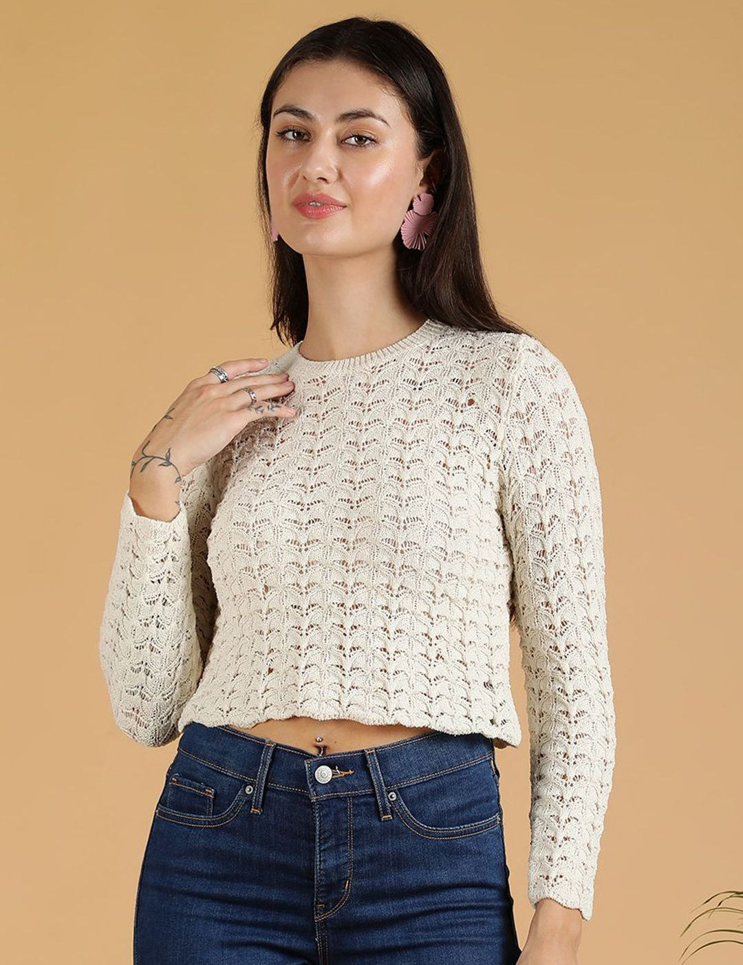 Kotty Women Open Knit Pullover Crop Sweaters