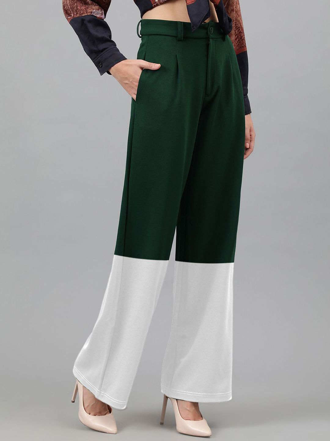 Kotty Women Colourblocked High-Rise Easy Wash Regular Trousers