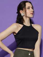 KOTTY Basics Halter Neck Ribbed Cotton Fitted Crop Top