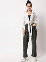 Kotty Women Olive Green Cotton Wide Leg Jeans