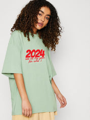 Kotty Green Typography Printed Round Neck Drop-Shoulder Sleeves Oversized T-shirt