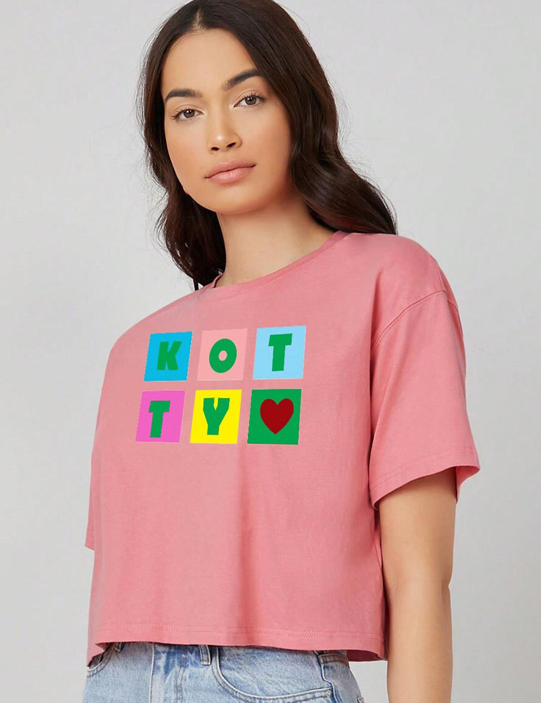 Kotty Pink Printed Round Neck Drop-Shoulder Sleeves Crop Oversized T-shirt