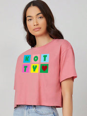 Kotty Pink Printed Round Neck Drop-Shoulder Sleeves Crop Oversized T-shirt