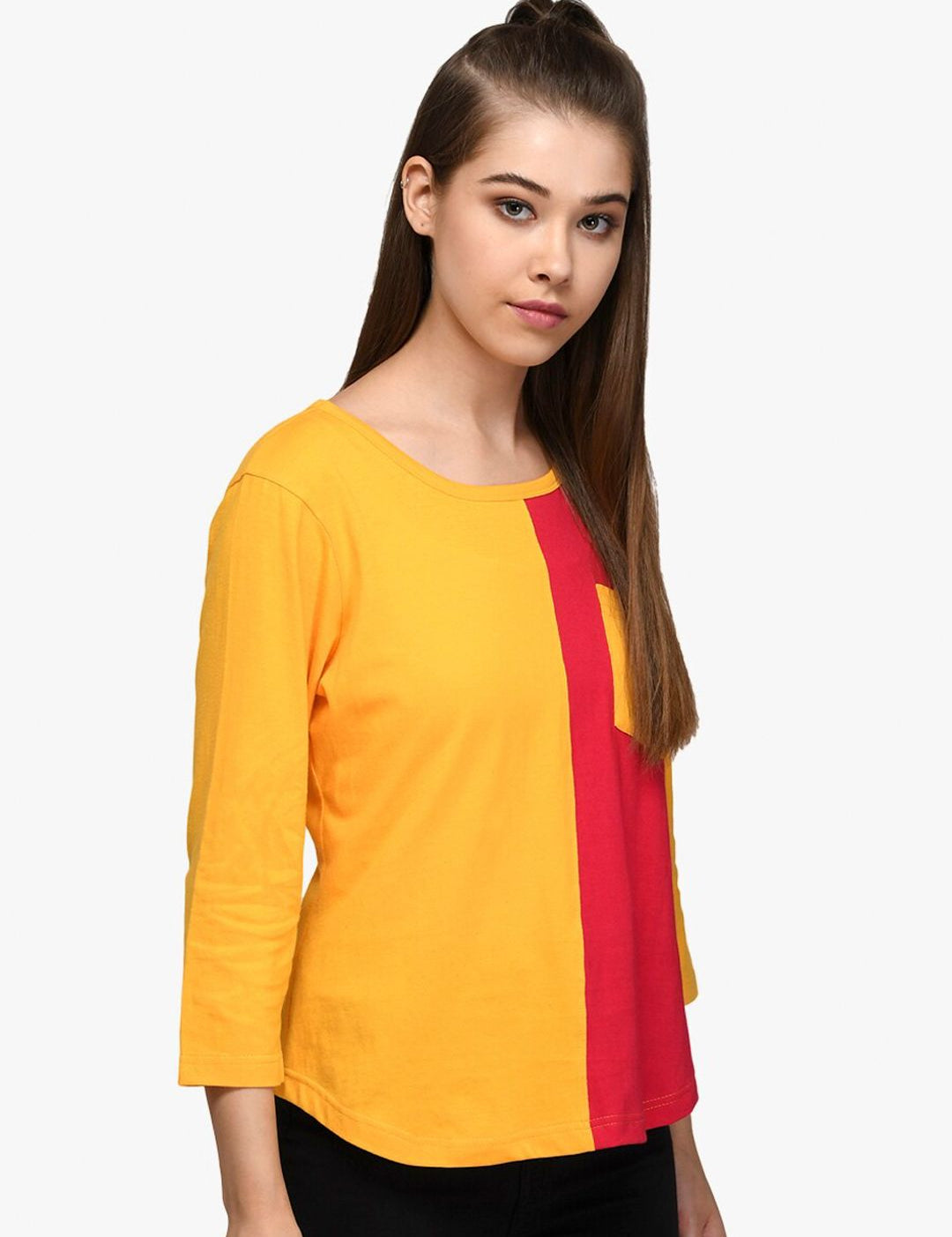 Kotty Women Red & Yellow Colourblocked Round Neck T-shirt