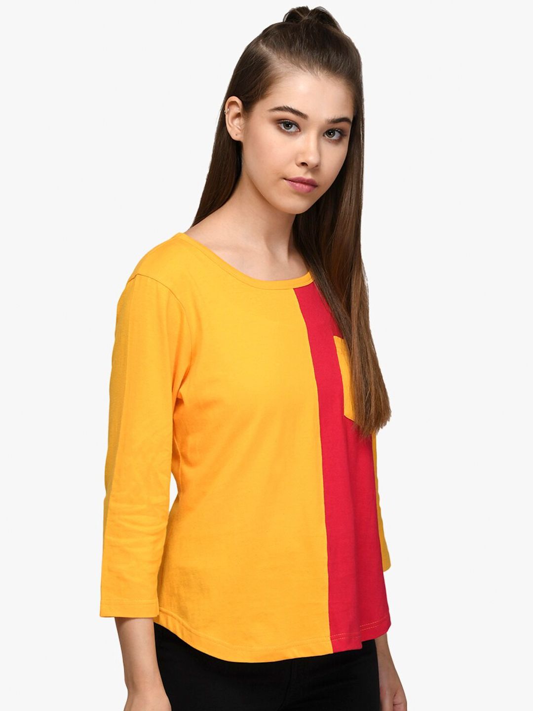 Kotty Women Red & Yellow Colourblocked Round Neck T-shirt