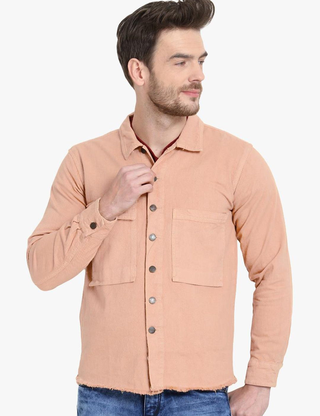 Kotty Men Peach-Coloured Solid Denim Jacket