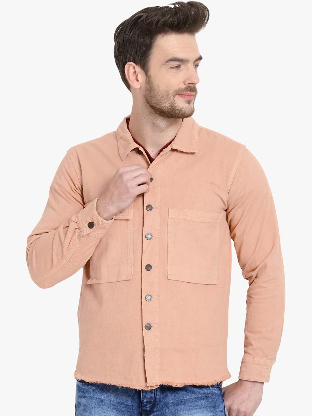 Kotty Men Peach-Coloured Solid Denim Jacket