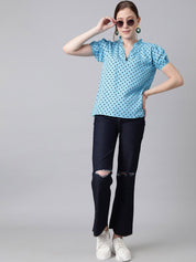 Kotty Blue Polka Dot Print Mandarin Collar Puff Sleeve Crepe Top