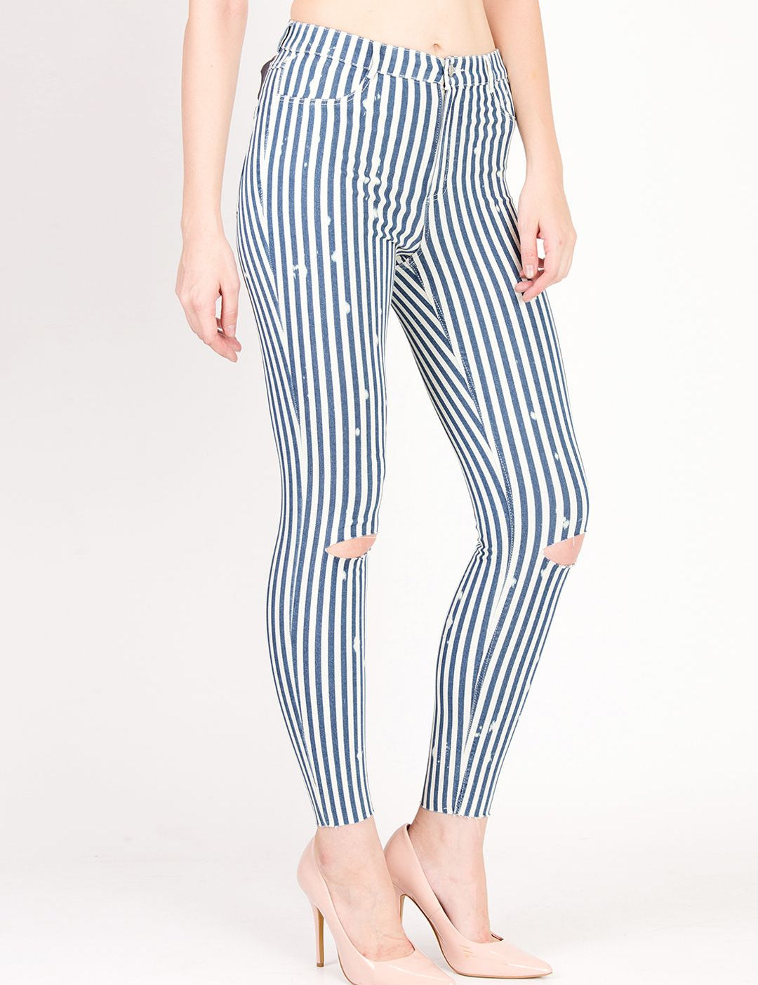Kotty Women Blue and White Striped Skinny Fit High-Rise Distress Jeans