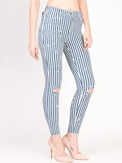 Kotty Women Blue and White Striped Skinny Fit High-Rise Distress Jeans