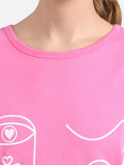 Kotty Women Pink & White Printed Round Neck T-shirt